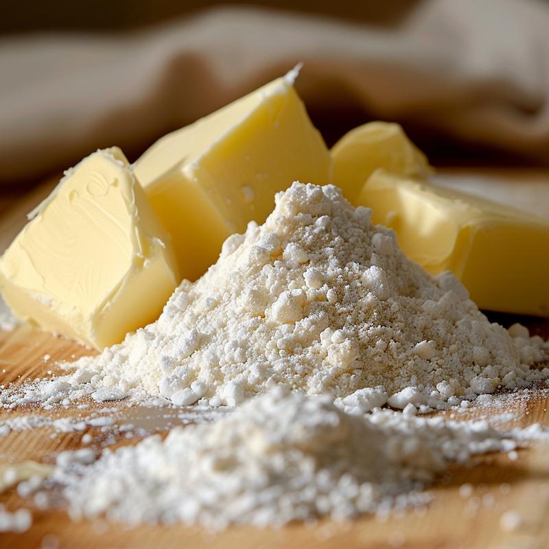 Close-up of baked goods ingredients on wood.