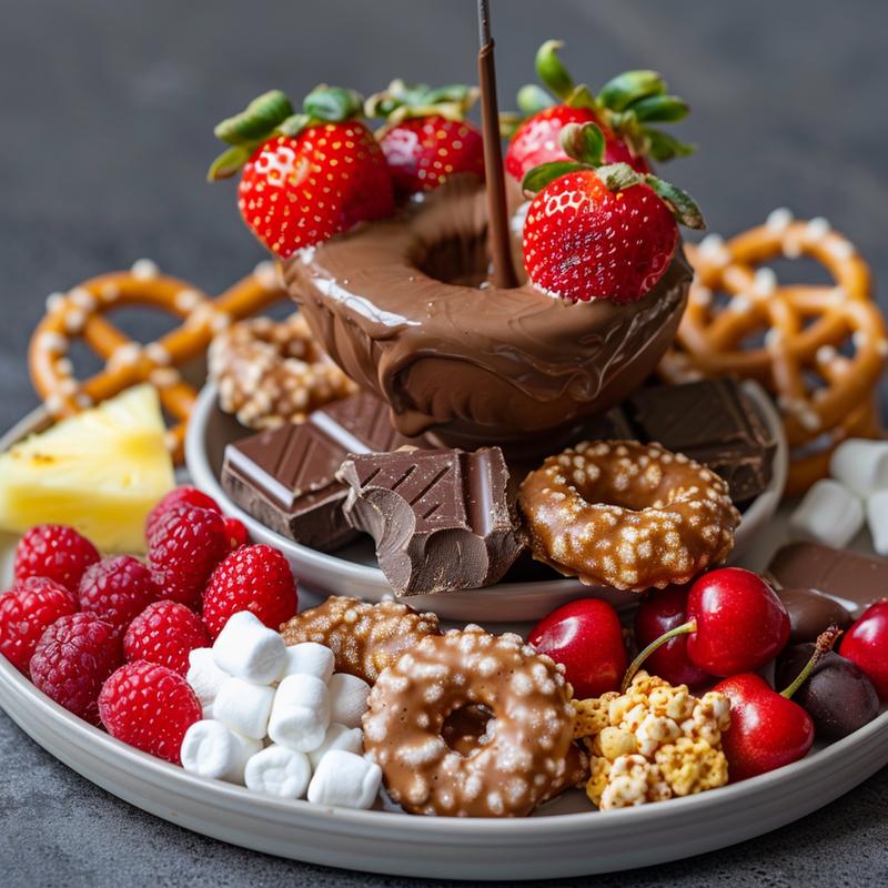 Close-up of chocolate fondue with a fountain and dippable sweets.