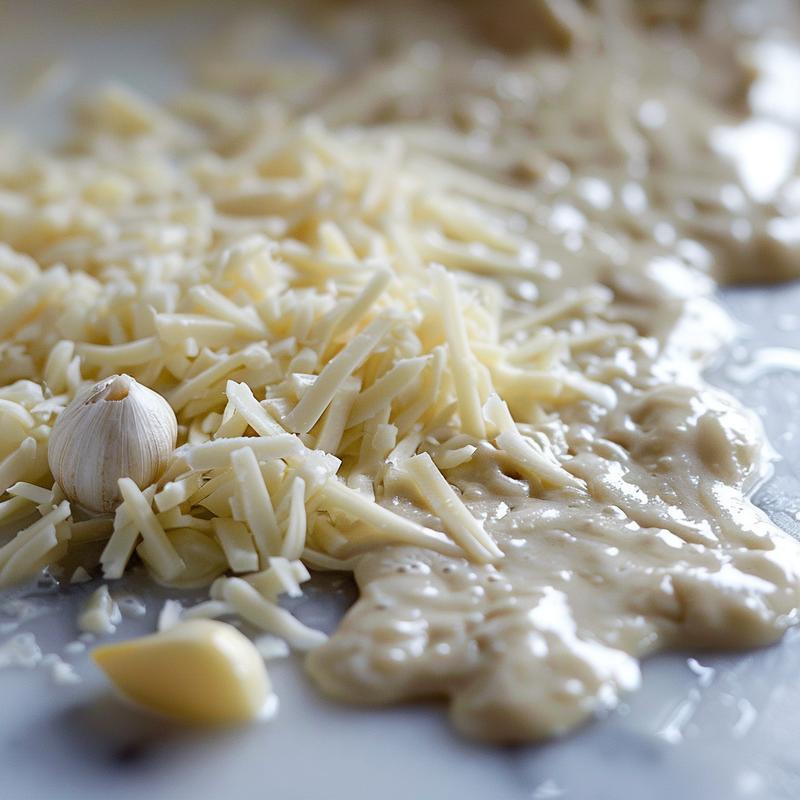 Close-up of cheese fondue ingredients: garlic, wine, lemon juice, Gruyere, and Emmentaler.
