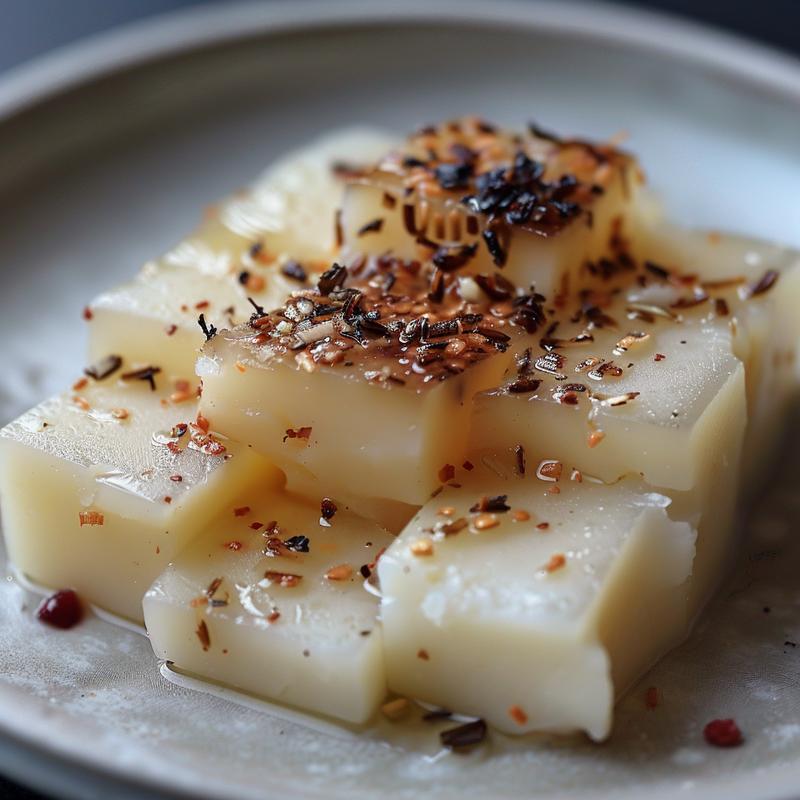 Close-up of cheese fondue with grated Gruyere and Emmental, garlic, and wine on a light gray plate.