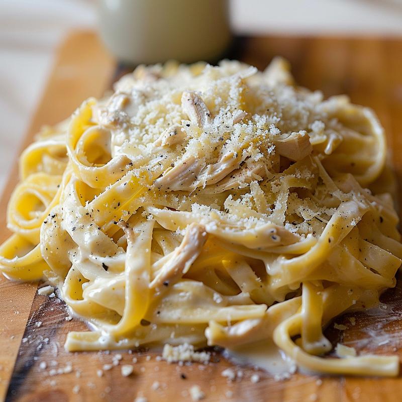 Close-up of creamy chicken Alfredo bake with visible pasta, chicken, and parmesan.