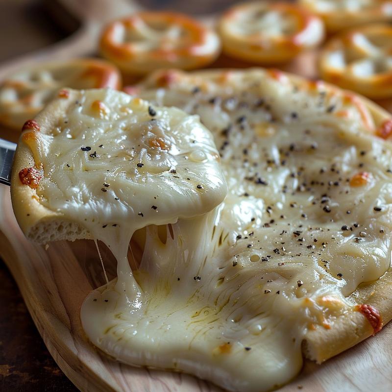 Close-up of cheese fondue with visible shredded Gruyere and Emmental, garlic, wine on wood.