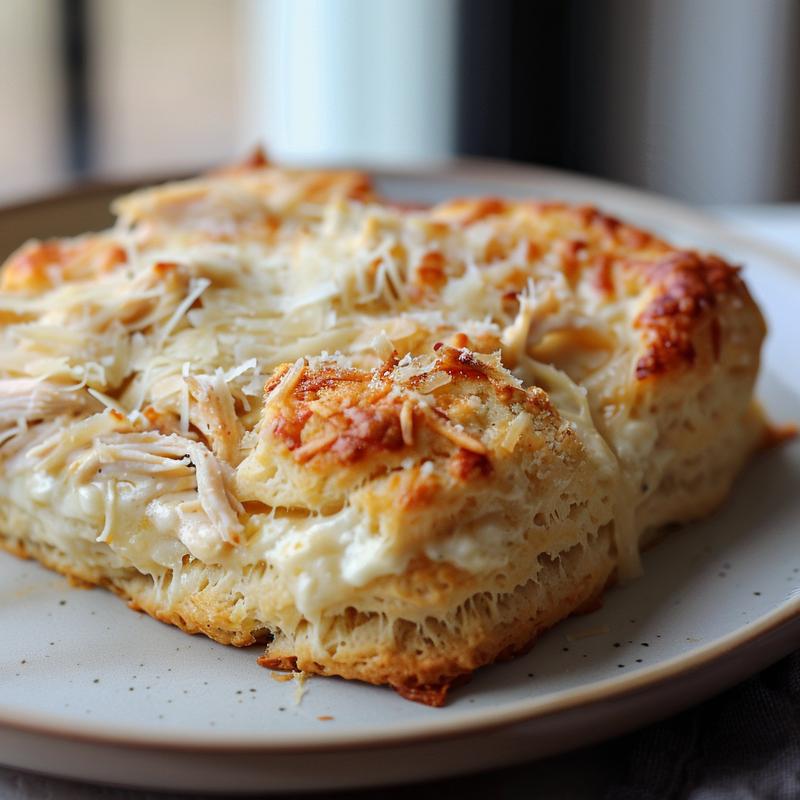 Close-up of creamy chicken alfredo biscuit bake on a light grey plate.