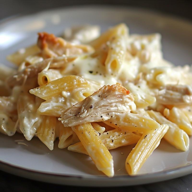 Close-up of creamy chicken alfredo casserole on a grey plate.