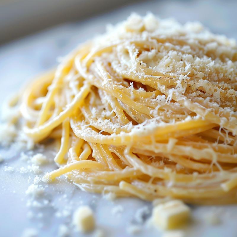 Close-up of baked cream cheese spaghetti on white marble.
