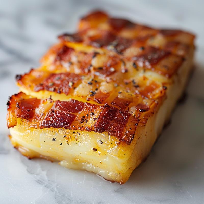 Close-up view of cheesy cauliflower bake on a white marble surface.