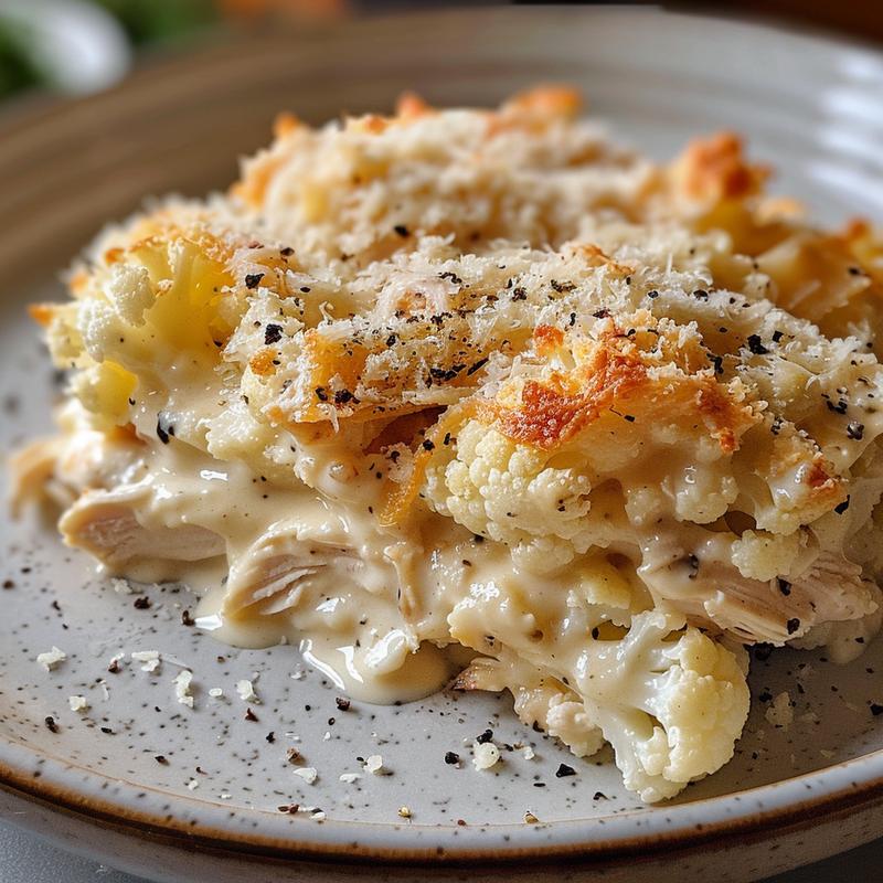Close-up of creamy chicken alfredo casserole with visible chicken and cauliflower.