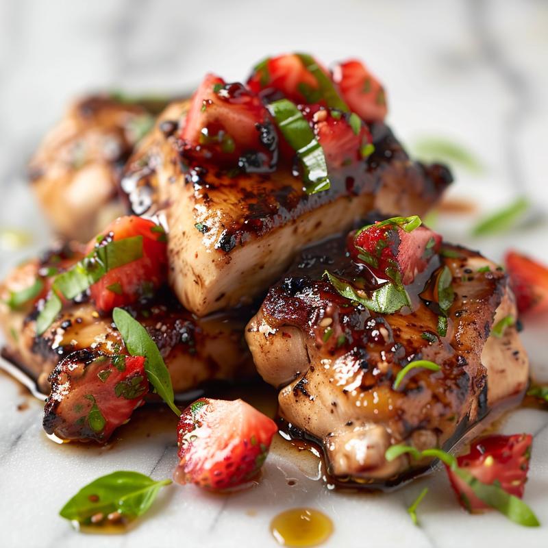 Close-up of balsamic chicken topped with strawberry basil relish.
