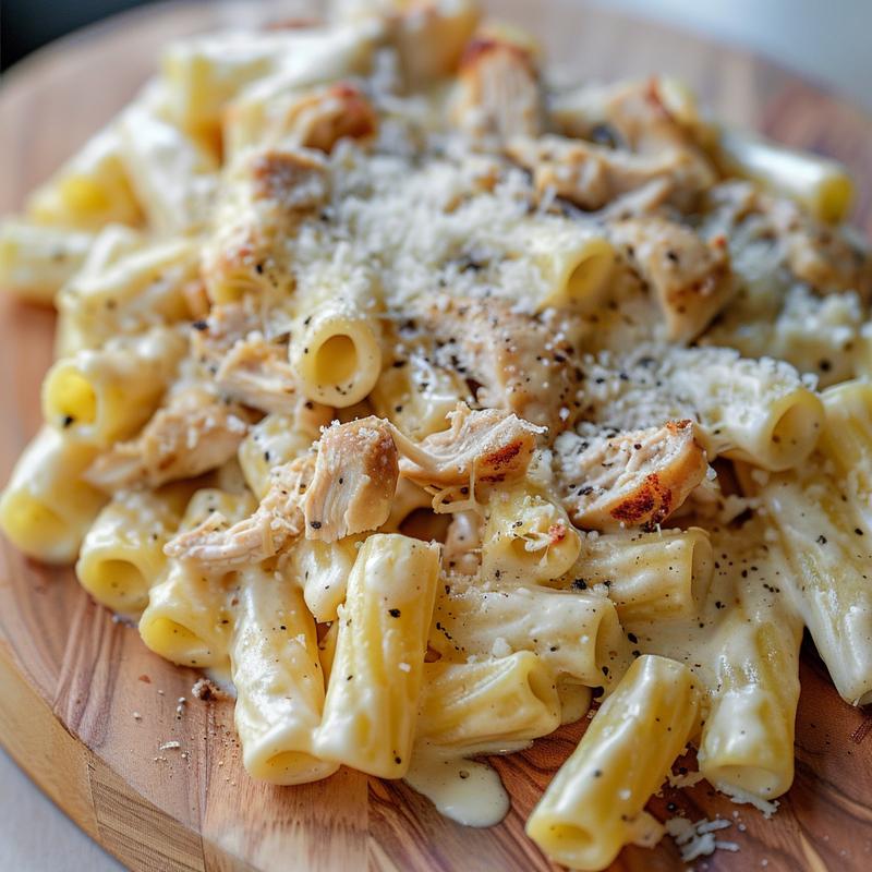 Close-up of creamy chicken Alfredo baked ziti on wood.