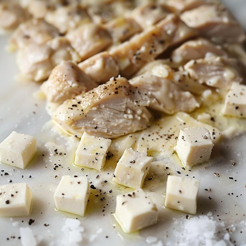 Close-up of creamy keto chicken alfredo with visible chicken pieces on a white marble surface.
