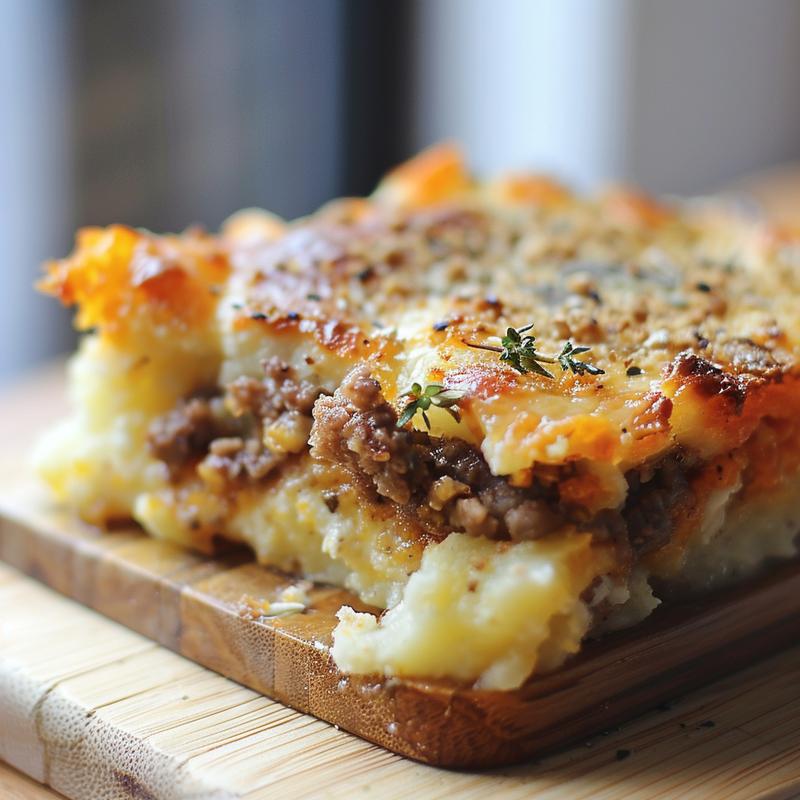 Close-up image of a cheesy cauliflower keto casserole served on a light wood board.