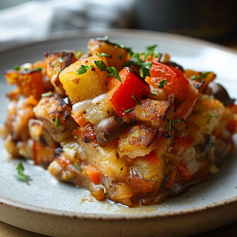Close-up of creamy cheesy cauliflower au gratin casserole on a light grey plate.