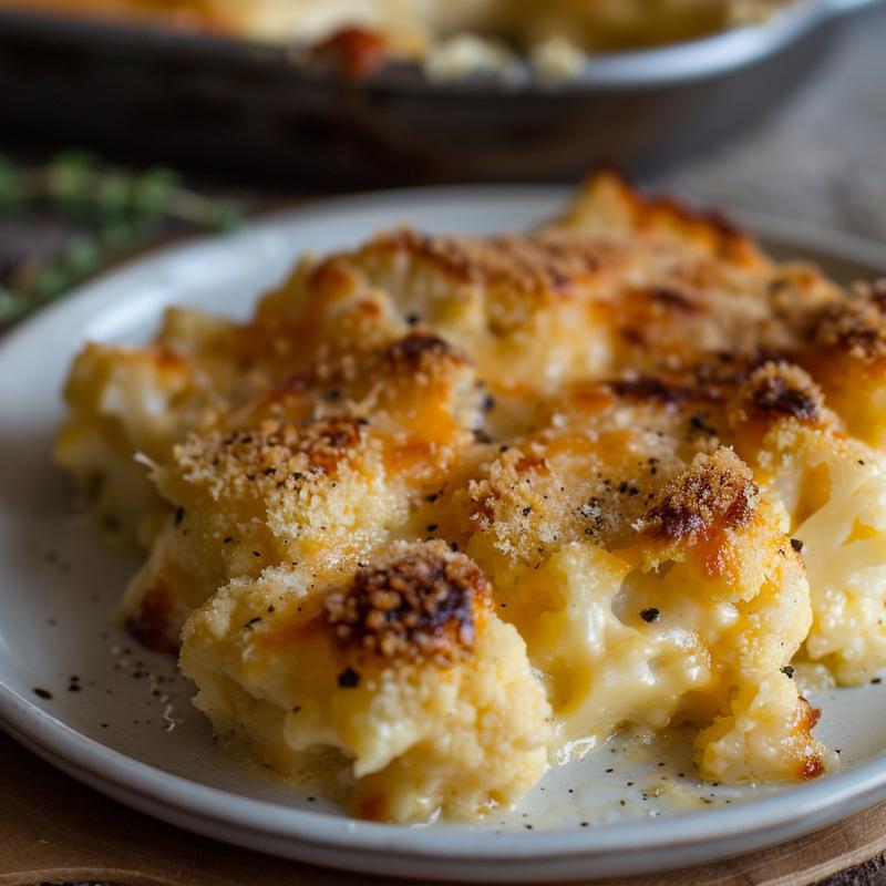 Close-up of a creamy cauliflower casserole topped with melted cheese on a light grey plate.
