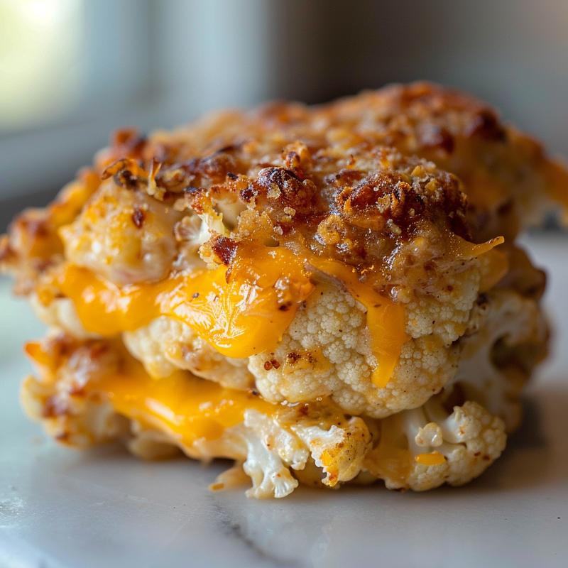 A close-up view of a loaded cauliflower casserole on a light grey plate, showcasing creamy texture and toppings.