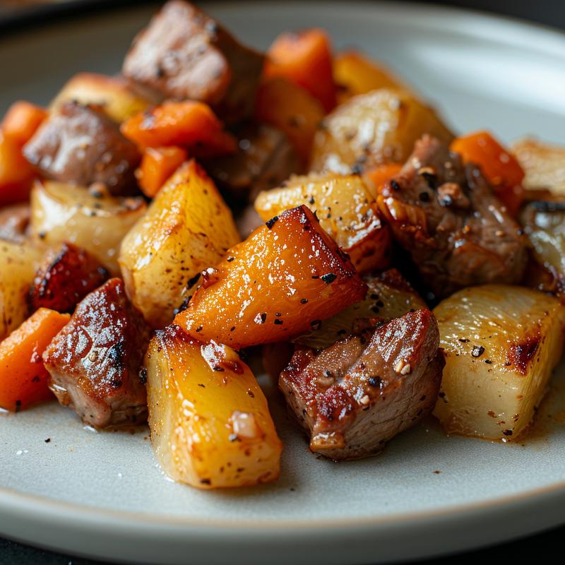 Close-up of a beautifully arranged portion of simple family meals on a white marble surface.