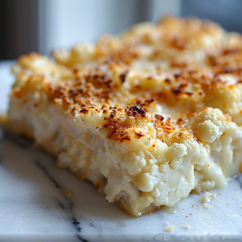 Close-up of a broccoli and cauliflower casserole showcasing its textures on a white marble surface.