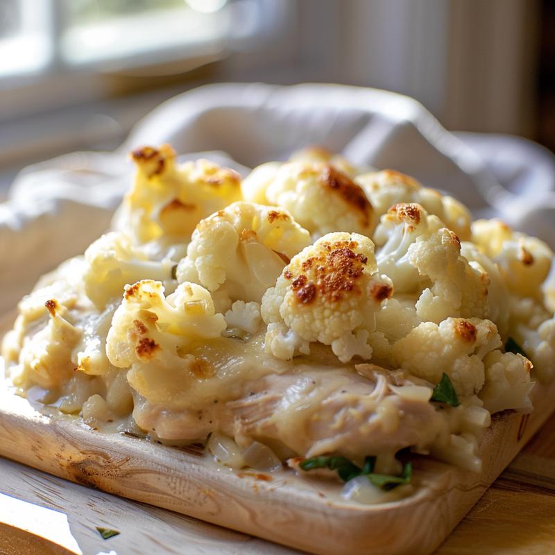 Close-up of a portion of chicken zucchini casserole on a wood board, showcasing its textures.
