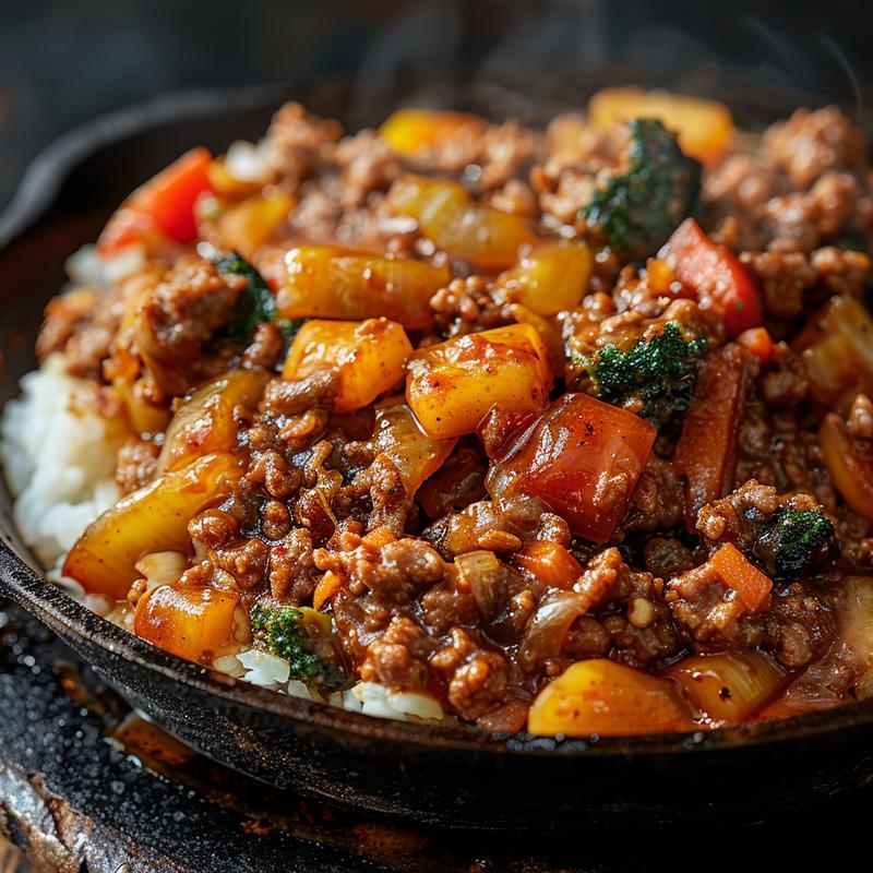 Close-up of a spicy ground beef stir fry bowl with garlic vegetables and steamy rice on a rustic, chipped plate in dramatic lighting.
