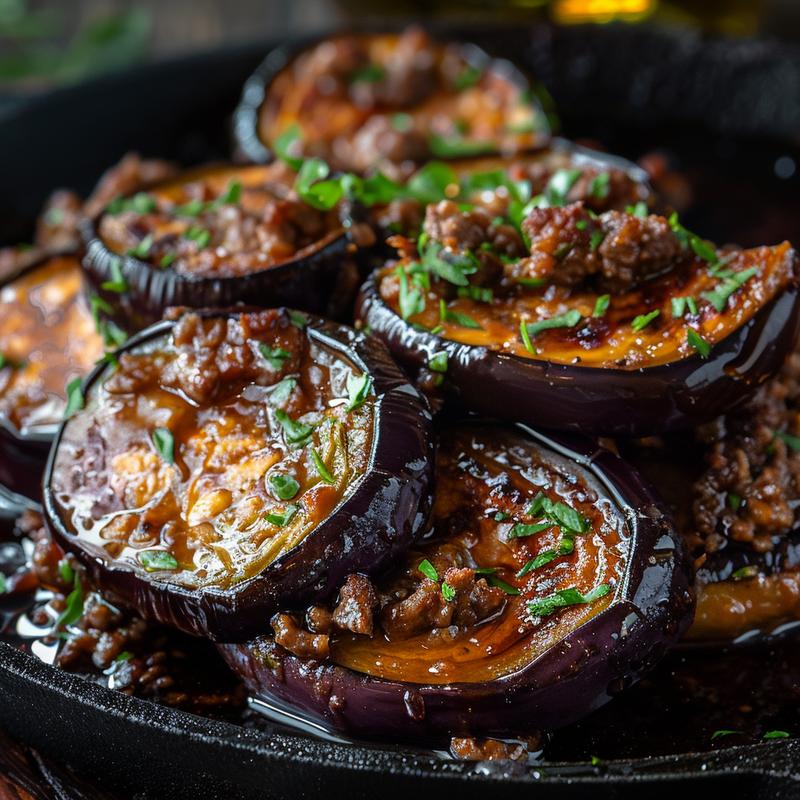 Close-up of a serving of ground beef zucchini casserole on a cast iron surface, highlighting textures and colors.