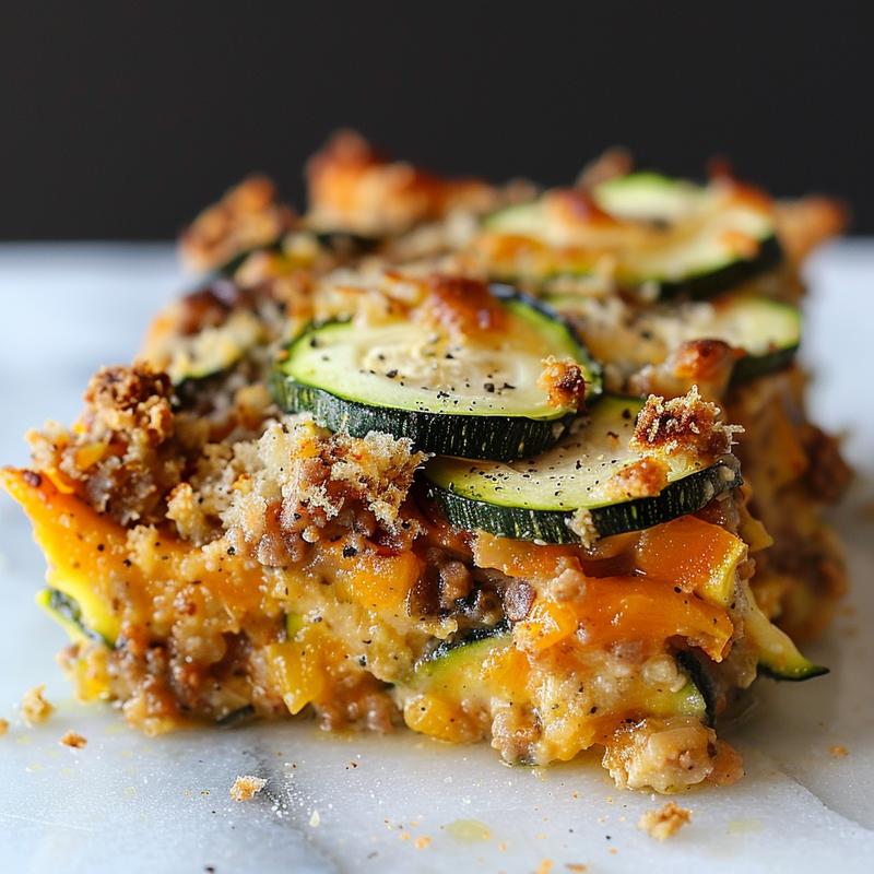 Close-up of a creamy rotisserie chicken zucchini casserole topped with breadcrumbs.