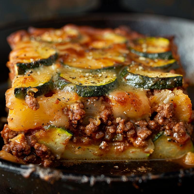 Close-up of a delicious Italian beef and zucchini casserole on a rustic wooden table, illuminated by moody lighting.