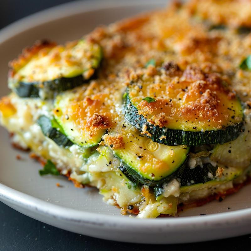 Close-up view of a portion of chicken zucchini bake on a light grey plate.