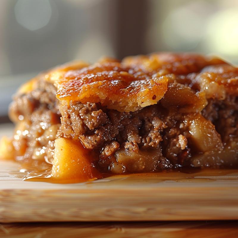 Close-up of a beautifully plated portion of crockpot meal on a wooden board.