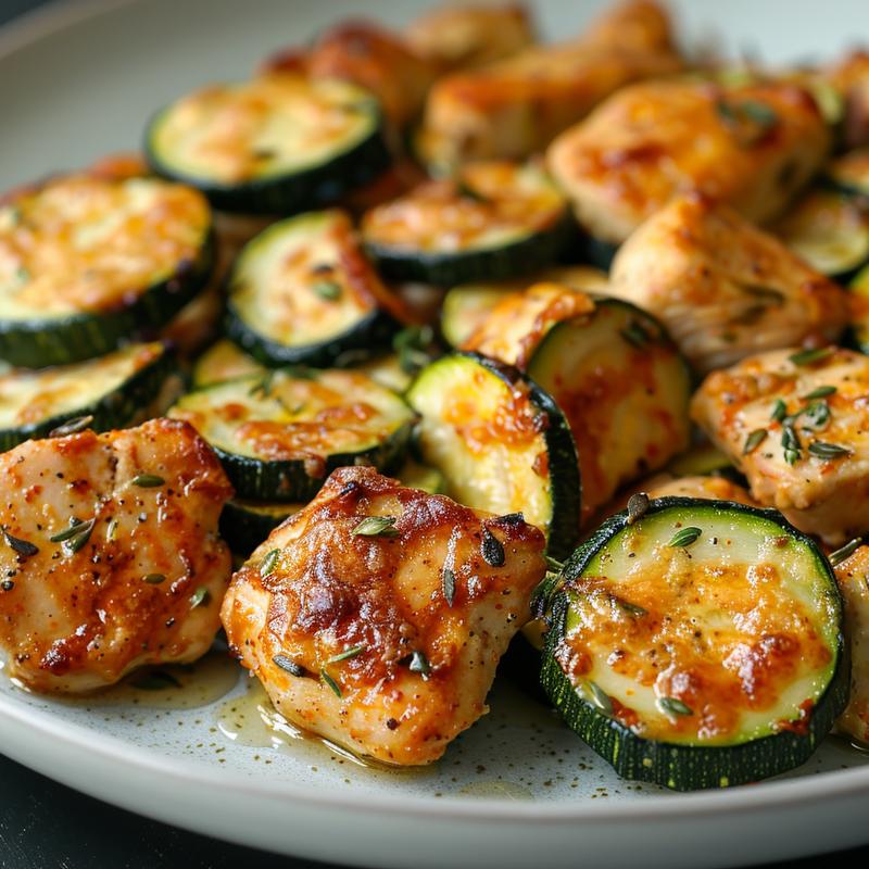 Close-up of a delicious chicken zucchini bake on a wooden board.