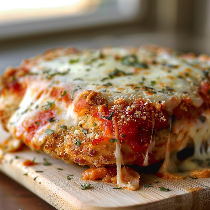 Close-up of a portion of chicken parmesan casserole on a wooden board, showcasing a golden, cheesy topping.