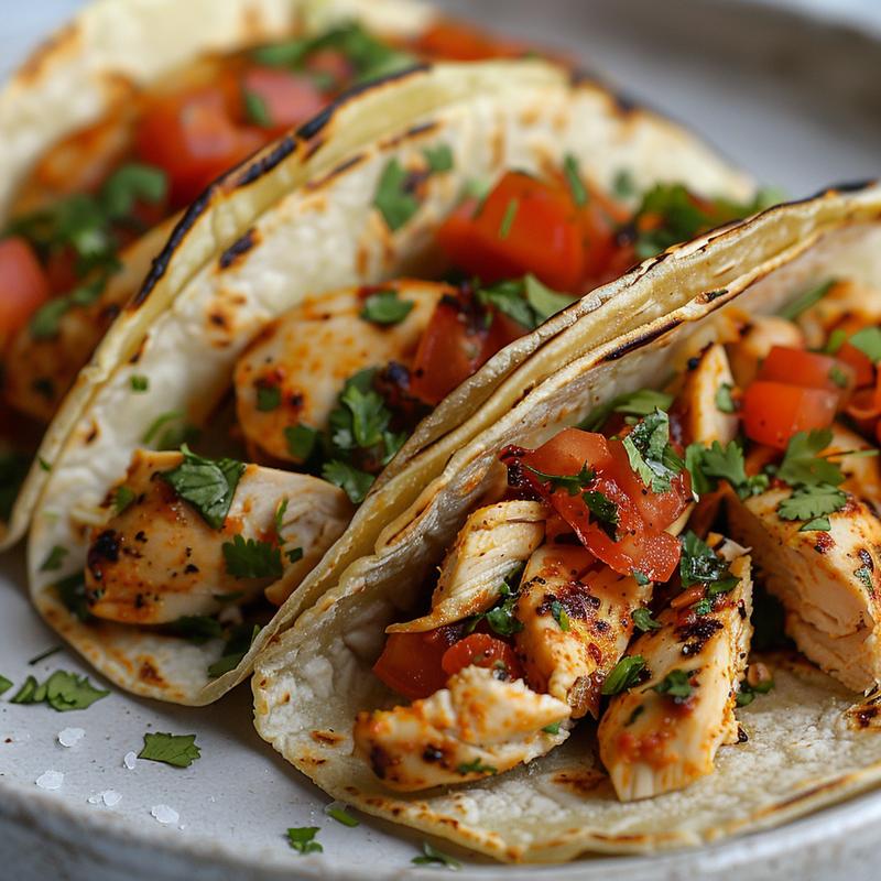 Close-up of a chicken bake on a light wood board with soft shadows.