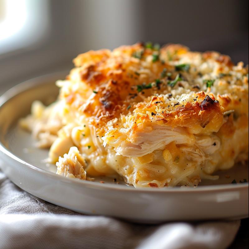 A close-up of a creamy chicken and rice casserole on a light grey plate.