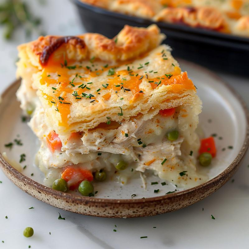 A close-up slice of chicken pot pie on a white marble plate, showcasing flaky crust and filling.