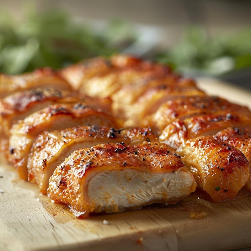 Close-up of a creamy chicken broccoli casserole on a wooden board, showcasing its texture.