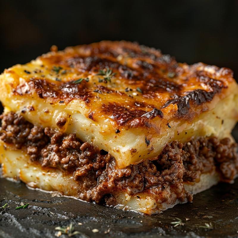 Close-up of a delicious serving of ground beef recipe on a dark countertop.