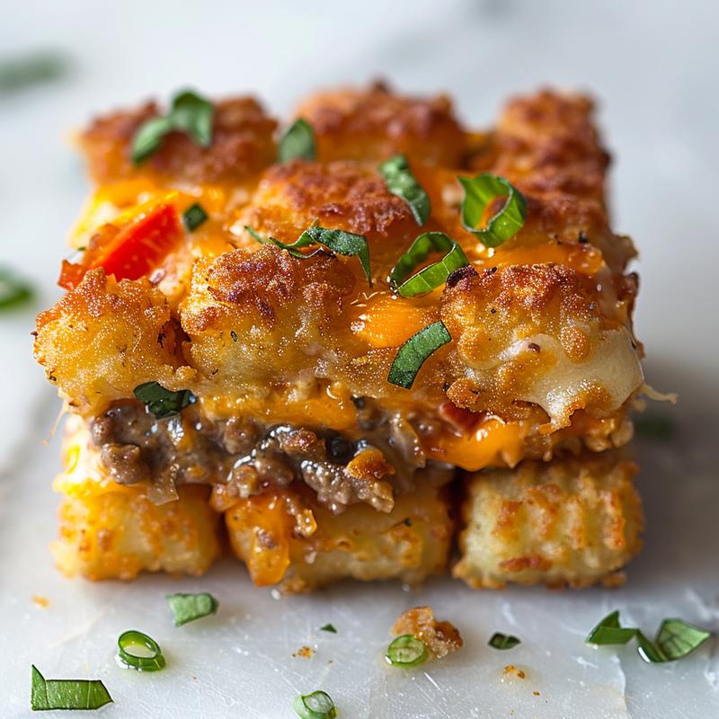Close-up of gluten-free skillet tater tot casserole with a golden-brown top on a wood board.