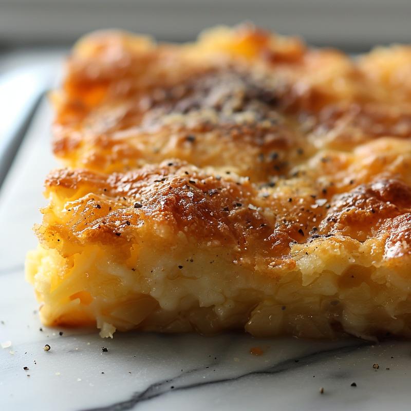 A close-up shot of a vibrant gluten-free casserole portion, showcasing layers of fresh ingredients on a white marble surface.