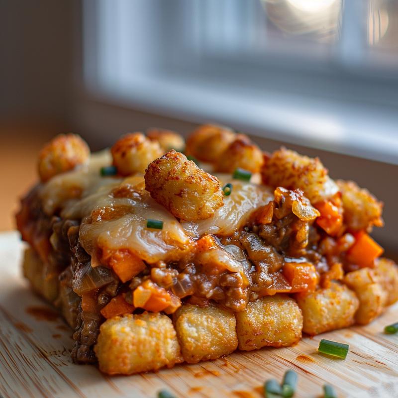Close-up image of a portion of eggplant casserole on a grey ceramic plate.