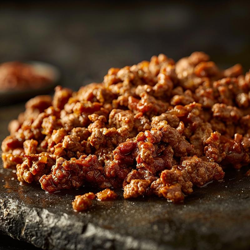 Close-up of a baked eggplant and beef casserole, showcasing rich textures and colors on a dark stone surface.