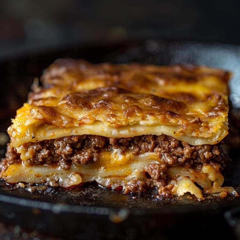 Close-up of a delicious gluten-free ground beef casserole served in a rustic cast iron dish.