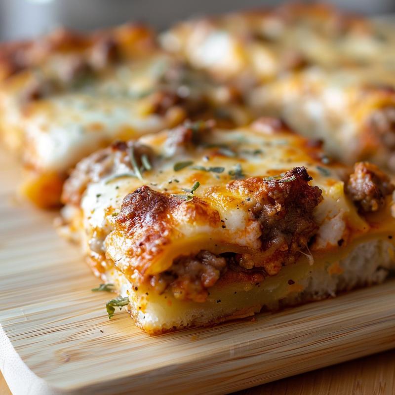 A close-up shot of a portion of baked eggplant casserole atop a light wood board.