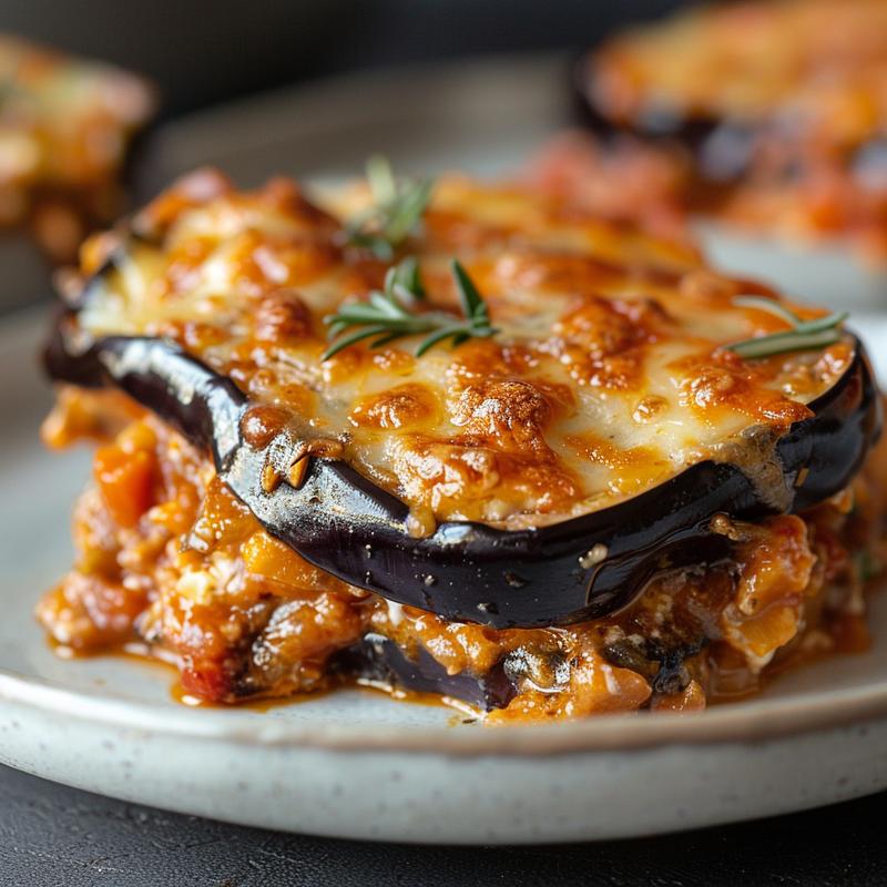 Close-up of a portion of eggplant casserole on a light grey plate.