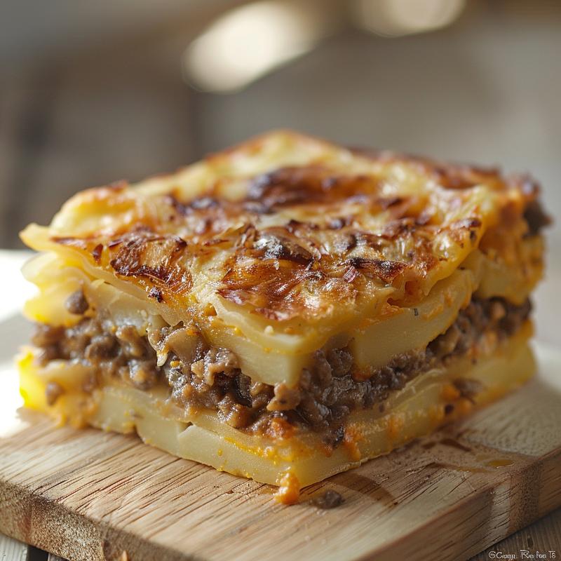 Close-up of a portion of eggplant casserole topped with Ritz crackers on a light wooden board.