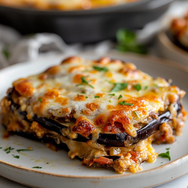 Close-up of a portion of eggplant casserole on a light grey plate, showcasing texture and color.