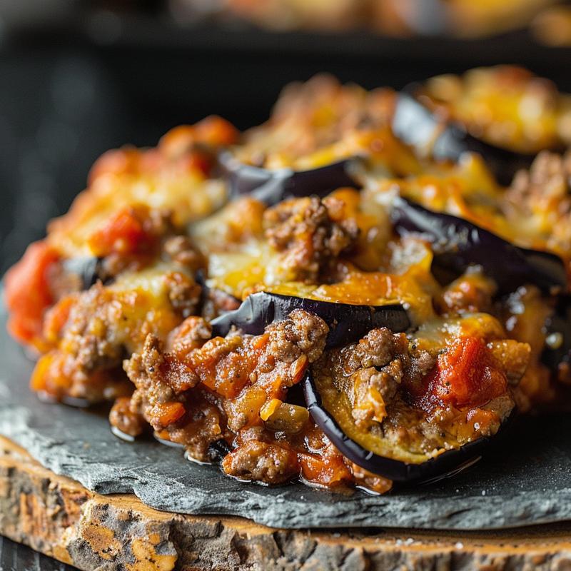 Close-up view of a keto eggplant and ground beef casserole served on a rustic slate plate, highlighting its rich texture.