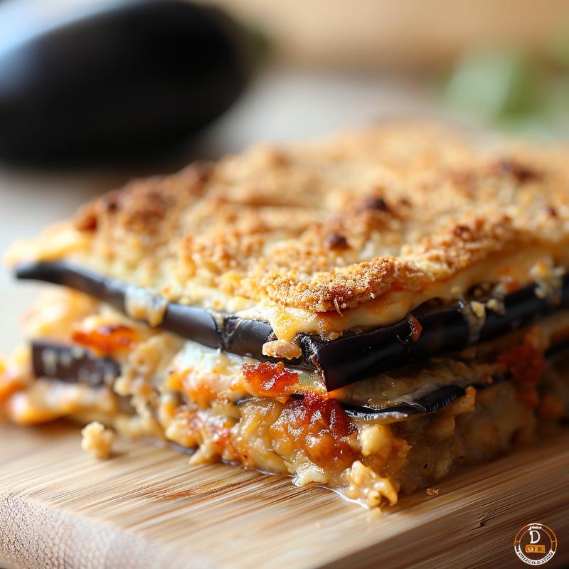 Close-up of a delicious spaghetti squash lasagna casserole on a wooden board.