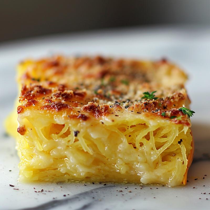 Close-up of a portion of baked spaghetti squash casserole on a marble surface.