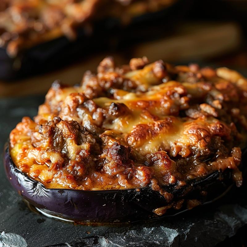 Close-up of a baked eggplant and beef casserole on a dark stone countertop.