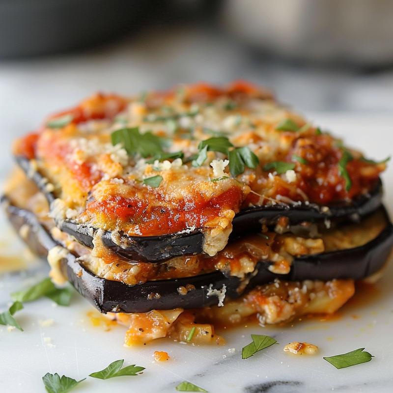 Close-up of a beautifully presented eggplant and shrimp casserole on a white marble surface.