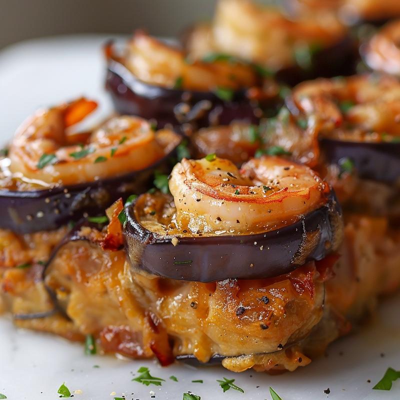 Close-up view of a slice of eggplant parmesan casserole on a marble surface.
