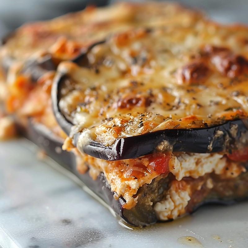 A close-up of a portion of ricotta eggplant casserole on a white marble surface, showcasing its creamy texture and golden top.